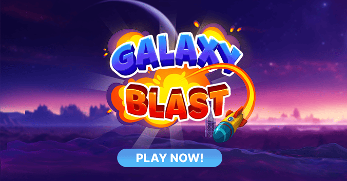 Galaxy Blast game promotional banner with vibrant space-themed background, rocket graphics, and 'Play Now' button, inviting players to explore cosmic adventures and big rewards. Featured in Eternal Slots blog post, highlighting Galaxy Blast game features and exciting opportunities for players.