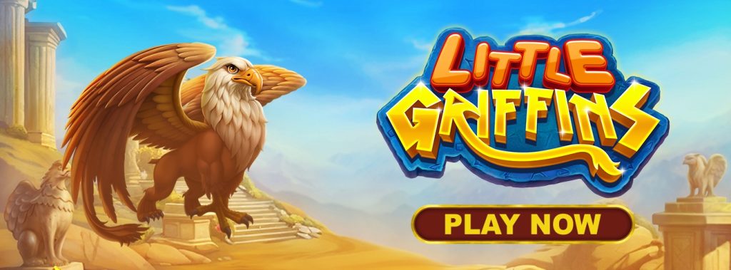 Play Now banner for the Little Griffins slot game on Eternal Slots, featuring a majestic griffin against an ancient ruins backdrop.