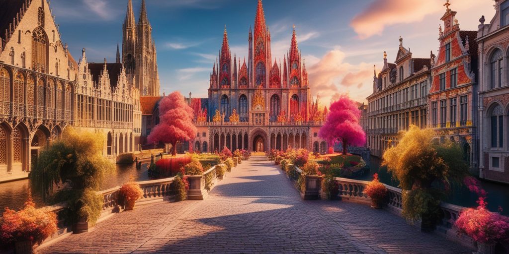 Charming view of medieval architecture and colorful trees along a canal in Bruges, Belgium, capturing the essence of historic Europe. Featured in Eternal Slots blog post on travel highlights in Belgium, with tips on seamless gaming and instant withdrawals for tourists.