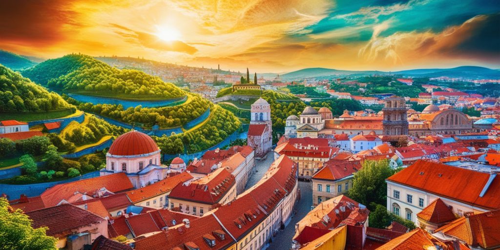 Vibrant cityscape of Sofia, Bulgaria at sunset, with historic buildings and lush green hills, capturing the charm of Eastern Europe. Featured in Eternal Slots blog post on must-see destinations in Bulgaria, highlighting scenic beauty and convenient instant withdrawal options for travelers.