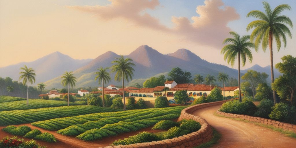 Scenic view of a traditional Colombian countryside estate surrounded by lush greenery and palm trees, with mountains in the background. Featured in Eternal Slots blog post on exploring Colombia’s picturesque landscapes, with insights on instant withdrawals for travelers looking to enjoy gaming on the go.