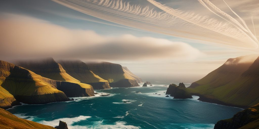 Dramatic coastal cliffs and deep blue waters with misty clouds and unique sky patterns, capturing the rugged beauty of the Faroe Islands. Featured in Eternal Slots blog post on hidden travel spots in Denmark, highlighting scenic locations for adventure seekers and seamless instant withdrawals for players on the go.