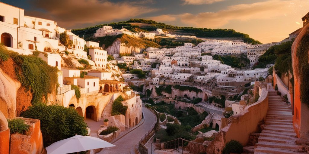 Charming hillside village in southern Italy with traditional white stone buildings and winding pathways at sunset, showcasing Italian cultural beauty. Featured in Eternal Slots blog post on picturesque travel destinations in Italy, offering insights into seamless gaming and instant withdrawals for travelers.