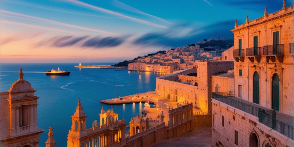 Sunset view of Valletta's historic waterfront architecture and calm harbor in Malta, highlighting the island's charm and Mediterranean beauty. Featured in Eternal Slots blog post on exploring Malta’s attractions, with insights into seamless gaming experiences and instant withdrawals for travelers.