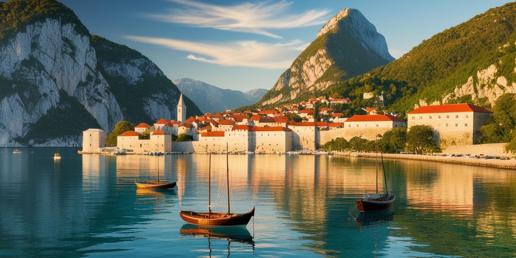 Scenic coastal town with red-roofed buildings and moored boats in Montenegro, surrounded by dramatic mountains and calm blue waters. Featured in Eternal Slots blog post on must-visit destinations in Montenegro, with insights into travel experiences and instant withdrawals for gamers.