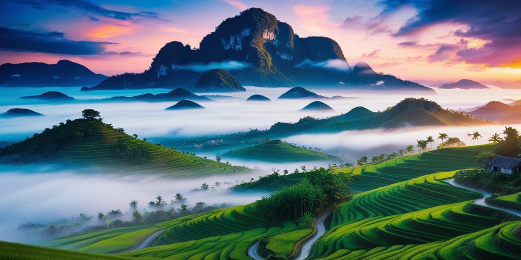 Scenic view of lush green rice terraces and misty mountains at sunrise in Vietnam, showcasing natural beauty and tranquility. Featured in Eternal Slots blog post exploring hidden travel gems in Asia and offering insights into instant withdrawals for a seamless gaming experience abroad.