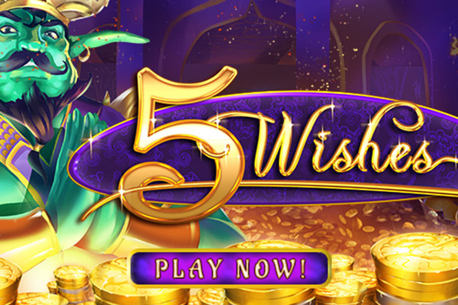 5 Wishes slot game featuring a magical genie, piles of gold coins, and an enchanting Arabian-themed background with a 'Play Now' button. Discover the Eternal Slots blog for reviews and tips on slots like 5 Wishes, offering mystical adventures and exciting bonus features.