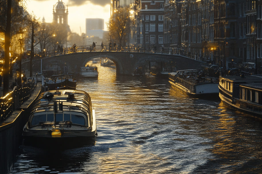 Scenic canal in Amsterdam with boats and historic bridges at sunset, capturing the warm, golden glow of the city’s waterways and architecture, as highlighted in the travel blog on eternalslots.com.