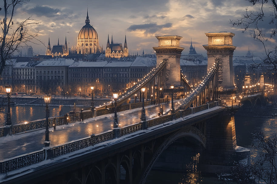 Illuminated Chain Bridge leading to the Hungarian Parliament in Budapest at dusk, with a wintry atmosphere and warm street lights, highlighting the charm of exploring historic European landmarks, as featured in the travel blog on eternalslots.com.