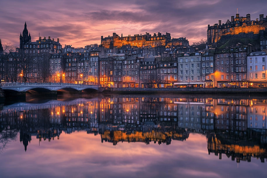Scenic view of historic buildings and illuminated castle in Edinburgh reflected in a calm river at dusk, capturing the enchanting atmosphere of this iconic European city, as featured in the travel blog on eternalslots.com.