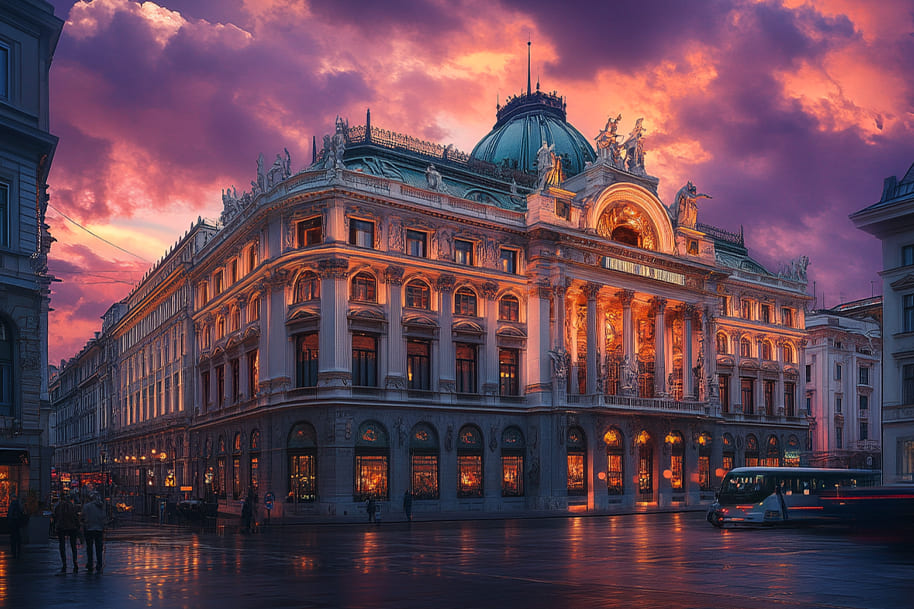 Ornate European building illuminated at sunset, with a dramatic sky casting vibrant colors over the cityscape, capturing the grandeur and elegance of European architecture, as featured in the travel blog on eternalslots.com.