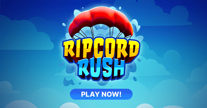Promotional banner for 'Ripcord Rush,' featuring a bold yellow and blue logo with a red parachute set against a cloud-filled sky background. Includes a 'Play Now!' button, inviting players to experience the thrill of this new crash-style gambling game at Eternal Slots.