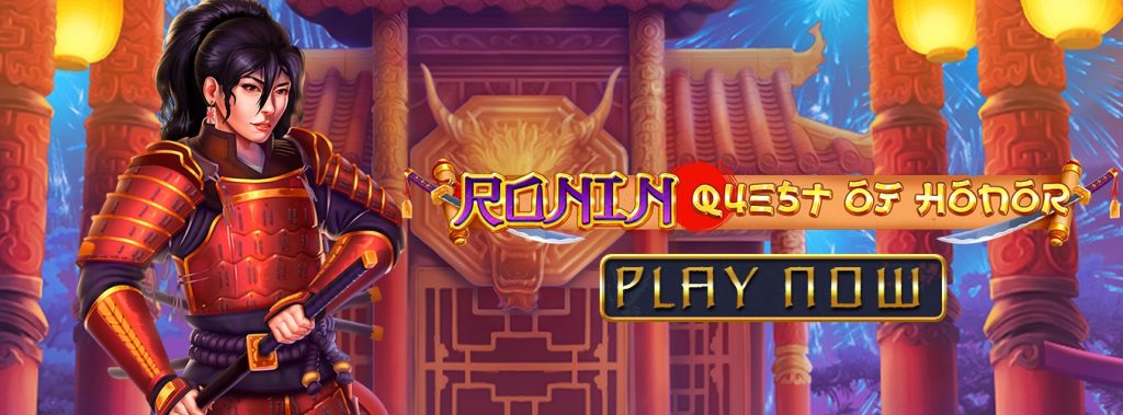 Promotional banner for 'Ronin Quest of Honor' featuring a samurai warrior in red armor against a Japanese temple backdrop, with a prominent 'Play Now' button. The design invites players to embark on a thrilling journey of honor and bravery in ancient Japan.
