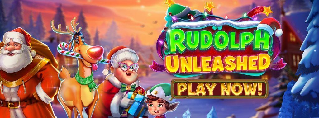 Festive promotional banner for the 'Rudolph Unleashed' slot game, featuring Santa Claus, Mrs. Claus, Rudolph with a candy cane, and an elf against a snowy holiday backdrop. The vibrant design invites players to 'Play Now!' and enjoy a holiday-themed gaming experience at Eternal Slots.