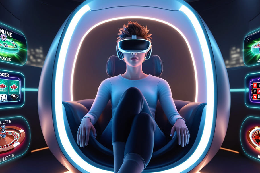 Virtual reality enthusiast exploring futuristic online gaming, surrounded by immersive casino games such as poker, roulette, and slots, showcasing cutting-edge VR technology trends on eternalslots.com.