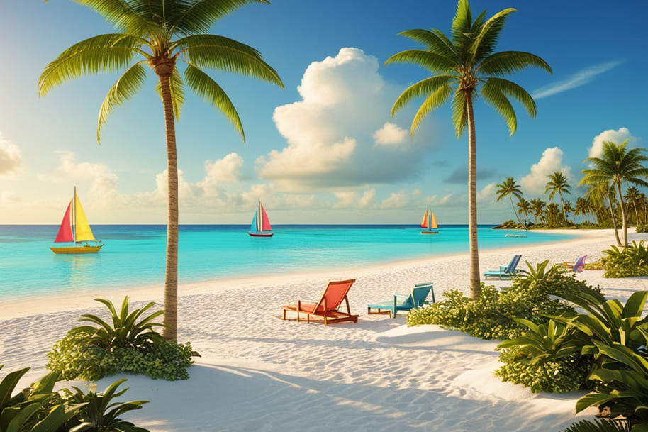 Dreamy Bahamas beach featuring powdery white sand, tall swaying palm trees, and a crystal-clear turquoise sea. Brightly colored sailboats with red, yellow, and blue sails glide across the tranquil waters, adding vibrant pops of color to the serene scenery. In the foreground, colorful beach chairs are strategically placed under the shade of palm trees, inviting visitors to relax and soak up the tropical paradise.