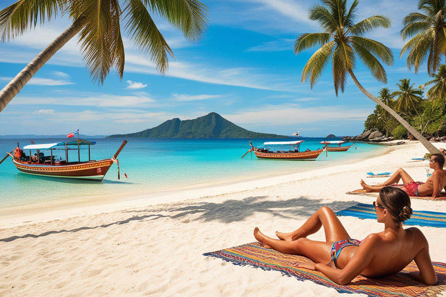 Tranquil Bali beach scene featuring clear turquoise waters, vibrant traditional long-tail boats anchored near the shore, and lush palm trees framing the view. In the foreground, a relaxed couple reclines on colorful beach mats, basking in the sun on soft white sand. The serene blue sky and distant green mountains complete this idyllic tropical getaway.