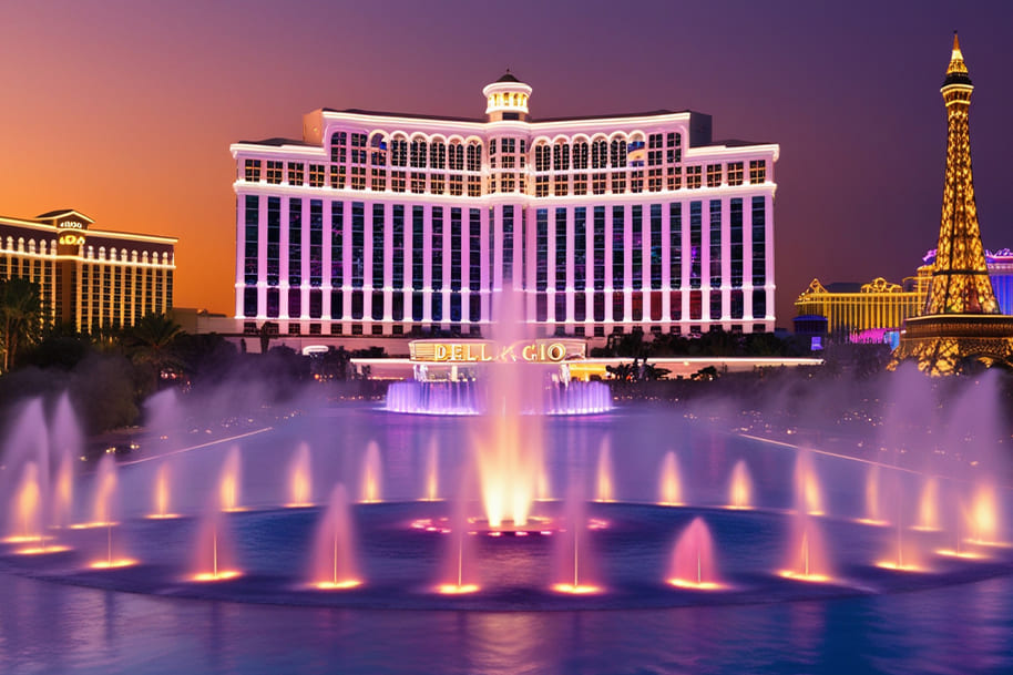 Evening view of the iconic Bellagio Hotel in Las Vegas, featuring its world-famous fountain show. The grand facade of the hotel is lit up in soft white and purple hues against a serene twilight sky. The illuminated fountains perform a mesmerizing water show with streams of colorful lights creating a dramatic and elegant spectacle, framed by glimpses of the Eiffel Tower replica in the background.