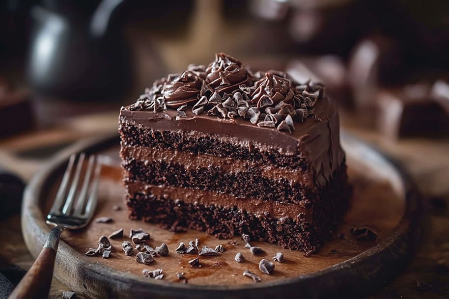 Layered chocolate cake slice topped with chocolate shavings, a decadent dessert for true chocolate enthusiasts, as featured in the dessert recipe blog on eternalslots.com.