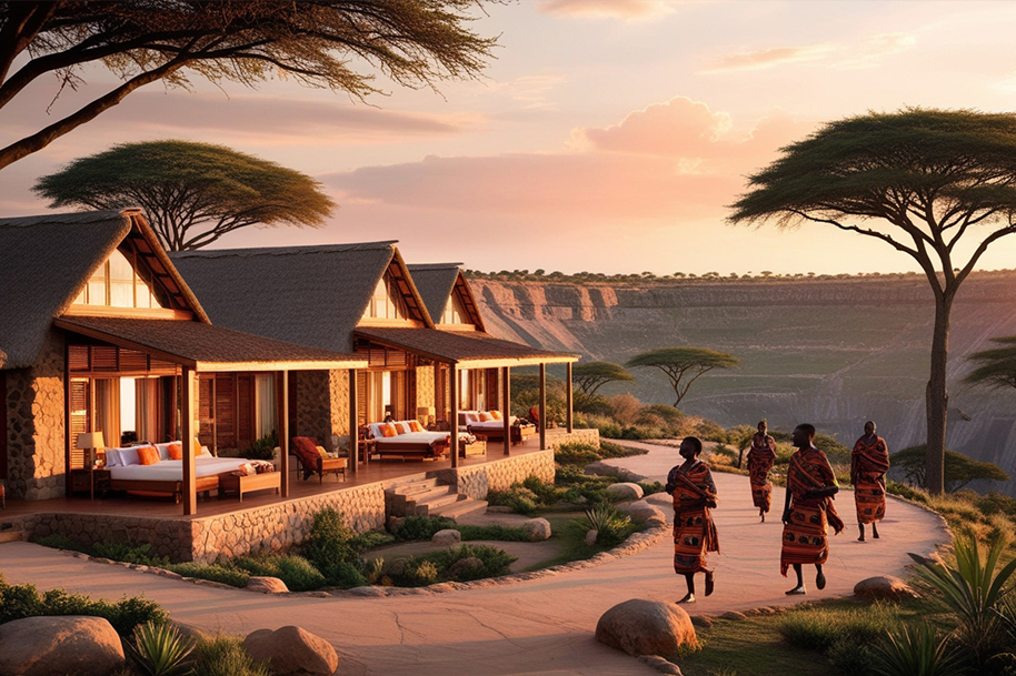 Stunning Ngorongoro Crater luxury lodge at sunset, with thatched stone cottages featuring expansive verandas and breathtaking views of the crater. Traditional Maasai people in vibrant clothing walk along the path, adding cultural richness to the serene and opulent African safari setting.