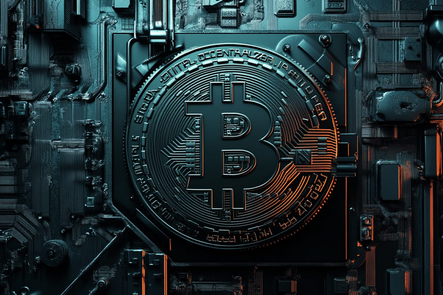 Close-up of a Bitcoin symbol embedded in circuit board, symbolizing blockchain technology and secure digital transactions. Featured on Eternal Slots blog discussing blockchain security and the protection of cryptocurrency assets.