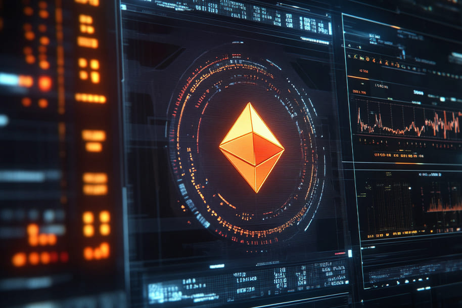 Ethereum symbol displayed on high-tech data screens with live market graphs, representing blockchain analysis and cryptocurrency market trends. Featured on Eternal Slots blog exploring blockchain security and Ethereum's role in digital asset protection.