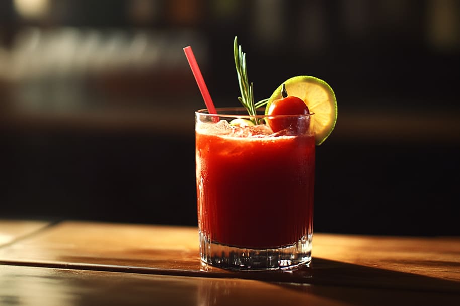 Classic Bloody Mary cocktail served in a glass with ice, garnished with a cherry tomato, lime slice, and a sprig of rosemary, accompanied by a red straw. Set against a dimly lit background, this image exudes sophistication and is perfect for showcasing timeless brunch cocktails.