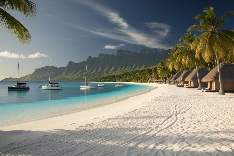 Picturesque view of a tropical beach in Bora Bora with pristine white sand, overwater bungalows, palm trees, and turquoise waters. Sailboats gently float on the serene lagoon with lush green mountains in the background, creating a perfect paradise setting.