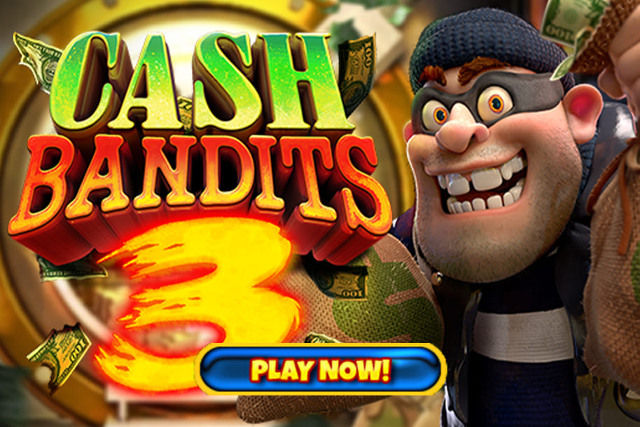 Cash Bandits 3 slot game featuring a mischievous cartoon robber with money bags, inviting players to 'Play Now.' Explore Eternal Slots blog for reviews, strategies, and bonuses for popular slot games like Cash Bandits 3, offering thrilling heist-themed gameplay and big rewards.