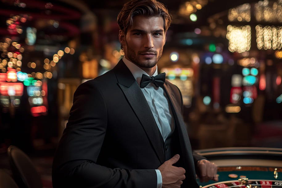 Handsome man in a classic black tuxedo and bow tie, exuding confidence while standing beside a roulette table in a glamorous casino setting. This image perfectly captures the sophistication and elegance of dressing for a luxury casino night.