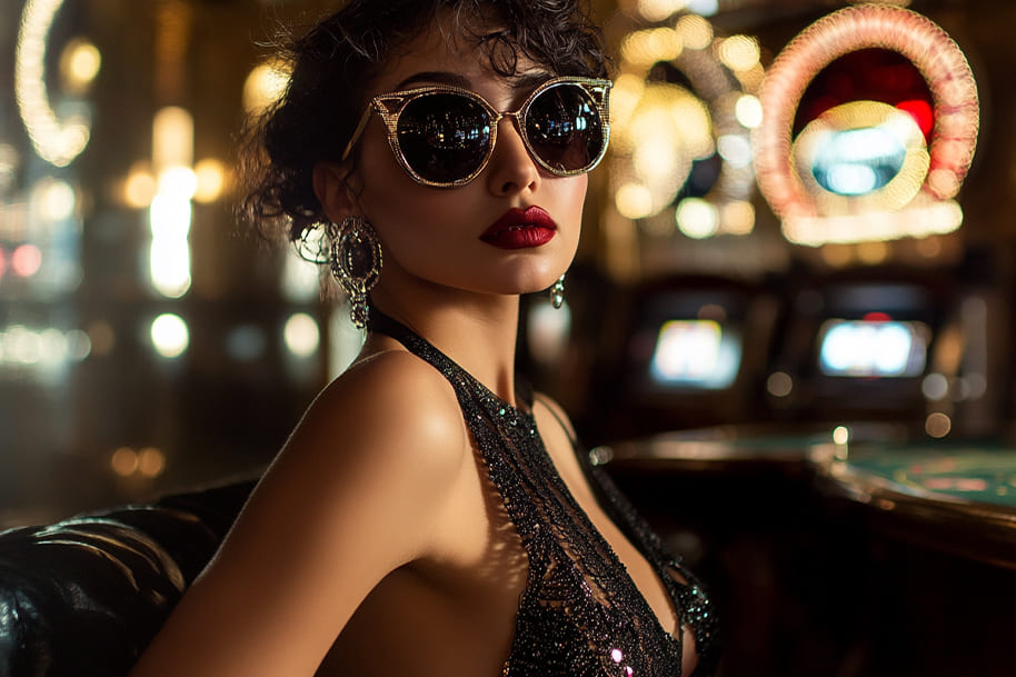 Chic woman in a glamorous black sequined gown, accessorized with oversized sunglasses and statement earrings, set against a luxurious casino backdrop with glowing lights. This image radiates sophistication and is perfect for highlighting high-end casino fashion.