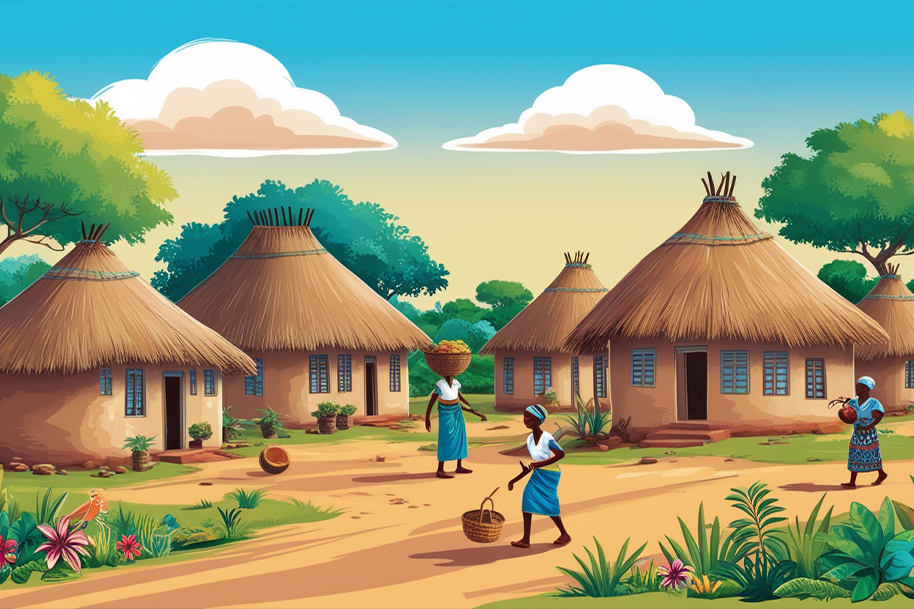 Charming traditional African village scene in Zambia, with women dressed in colorful attire carrying baskets and clay pots near thatched mud huts. The village is surrounded by lush greenery, vibrant flowers, and a clear blue sky, showcasing the rich culture and serene environment.