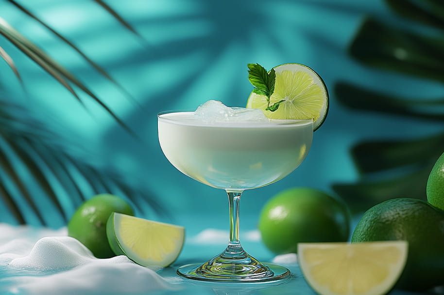 Refreshing daiquiri cocktail served in a coupe glass with ice, garnished with a lime slice and fresh mint, set against a tropical turquoise backdrop with palm leaves. This vibrant image embodies the perfect summer vibe, ideal for showcasing classic tropical cocktails.