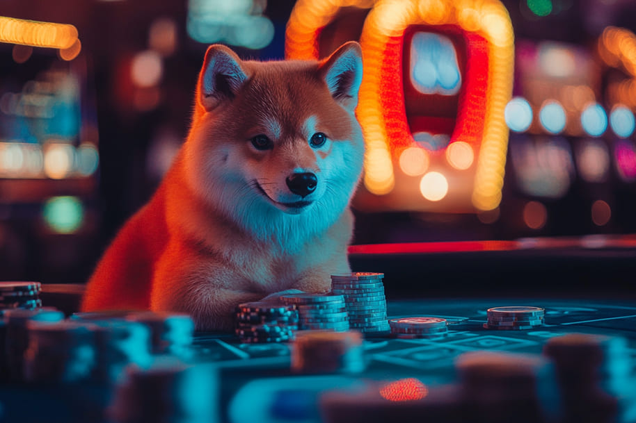 Shiba Inu dog surrounded by stacks of casino chips on a gaming table, set against a vibrant casino backdrop, symbolizing Dogecoin’s playful integration into online gambling. The image captures the excitement of cryptocurrency in the casino world, emphasizing Dogecoin's appeal in digital gaming.