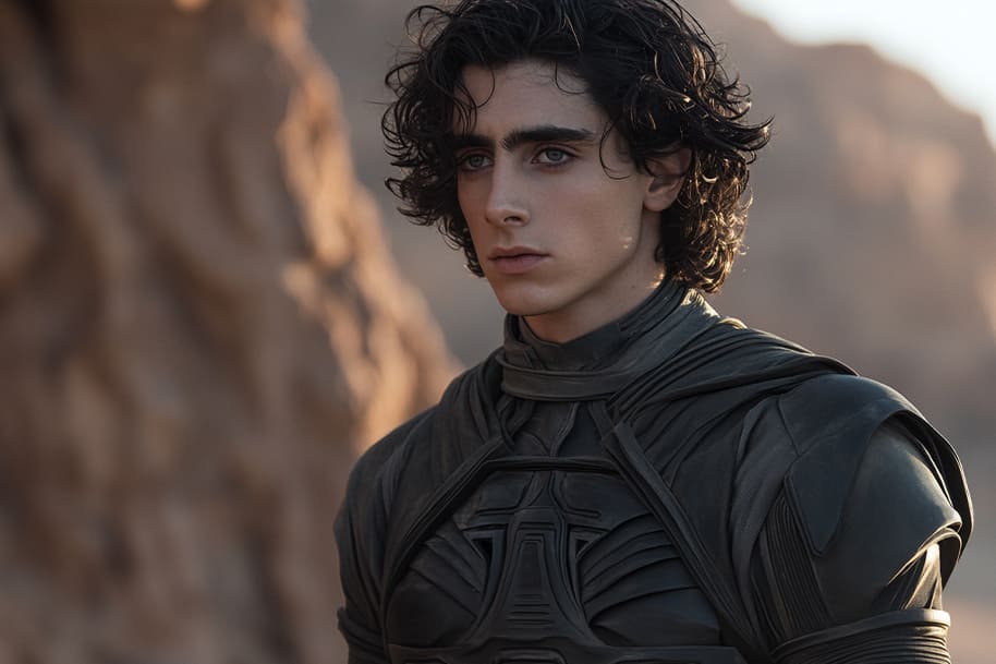 Young hero in futuristic desert attire, standing against a rocky landscape, symbolizing courage and destiny. Featured in Eternal Slots blog post on sci-fi narratives and immersive gaming experiences inspired by epic adventures.