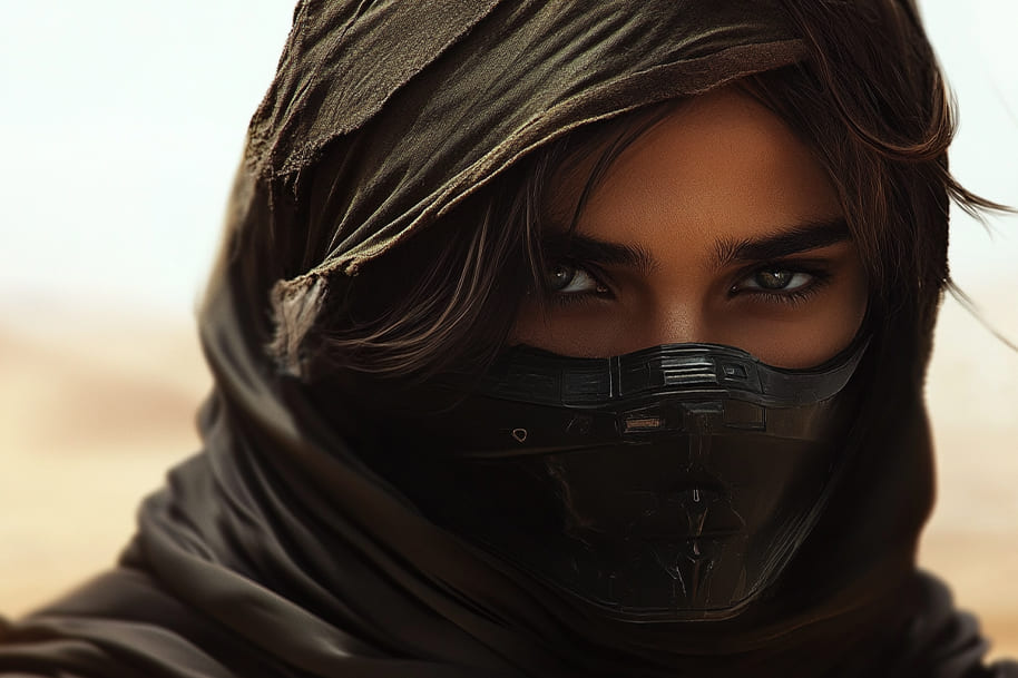Close-up of a mysterious figure with intense eyes, wearing a desert hood and face covering, evoking themes of intrigue and resilience. Featured in Eternal Slots blog post on sci-fi adventures and immersive gaming experiences inspired by iconic desert landscapes.