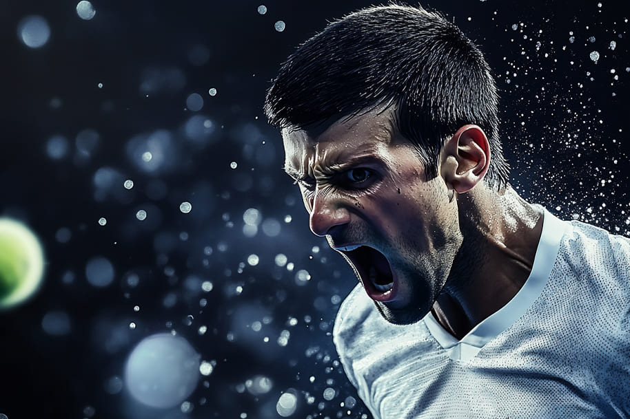 Novak Djokovic passionately celebrating after a powerful shot during an intense tennis match. The image captures Djokovic's fierce determination and focus, with water droplets flying around him as he expresses his emotion in the heat of the moment.