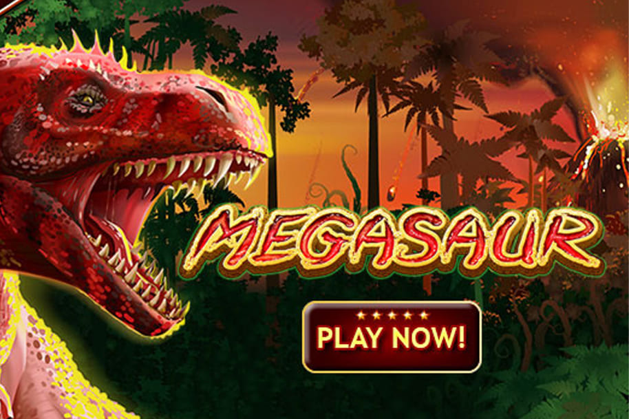 Megasaur slot game featuring a fierce red dinosaur in a prehistoric jungle with a volcano in the background, accompanied by a 'Play Now' button. Visit the Eternal Slots blog for in-depth reviews of thrilling slots like Megasaur, offering massive jackpots and action-packed gameplay.