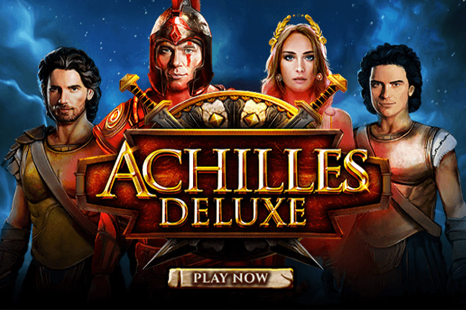 Achilles Deluxe slot game featuring legendary characters from Greek mythology, including Achilles and Helen of Troy, with an epic battle-themed backdrop and a 'Play Now' button. Explore the Eternal Slots blog for detailed reviews of mythology-inspired slots like Achilles Deluxe, offering heroic gameplay and rewarding bonus features.