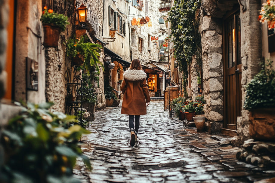 Traveler strolling through a quaint European alley lined with rustic stone buildings and lush greenery, embodying the charm and allure of hidden historic streets, as featured in the travel blog on eternalslots.com.