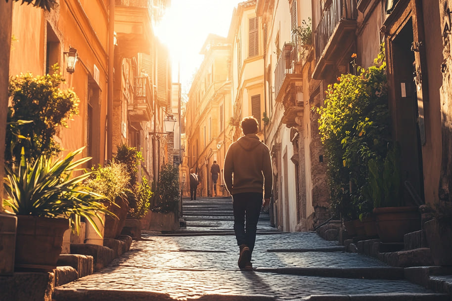Traveler walking through a charming, sunlit European alley with cobblestone streets and rustic buildings, capturing the allure of exploring historic cities for first-time visitors, as featured in the travel blog on eternalslots.com.