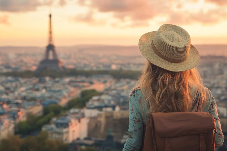 Traveler with a backpack and straw hat admiring the Eiffel Tower at sunset, capturing the romance and allure of exploring Paris, as highlighted in the travel blog on eternalslots.com.