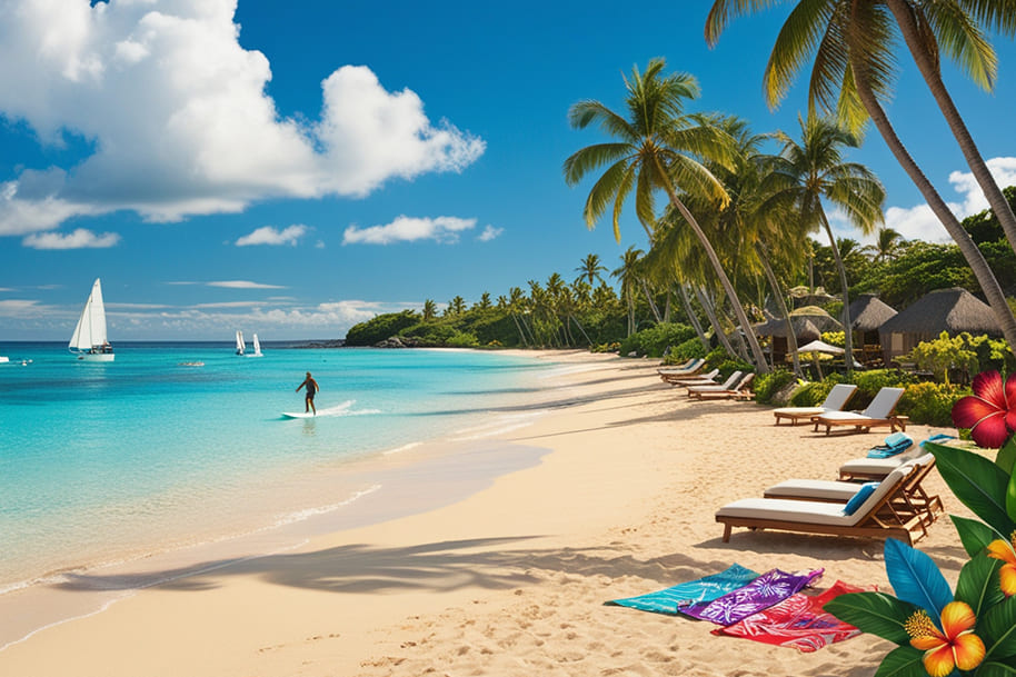 Tropical paradise in Fiji featuring a pristine beach with golden sand, lush palm trees, and crystal-clear turquoise waters. Vibrant beach towels and hibiscus flowers add a splash of color to the serene scene. Lounge chairs line the shore, while sailboats glide across the horizon. A lone surfer enjoys the calm waves, completing the idyllic coastal experience under a bright blue sky.