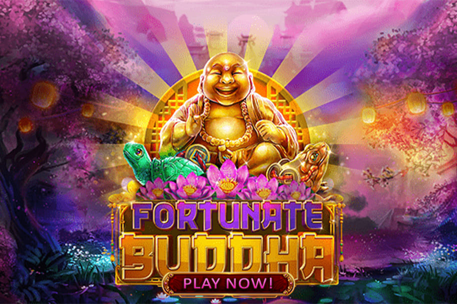 Fortunate Buddha slot game featuring a golden laughing Buddha surrounded by lotus flowers, turtles, and a serene purple-hued landscape with a 'Play Now' button. Explore the Eternal Slots blog for reviews of Asian-themed slots like Fortunate Buddha, offering tranquil vibes and rewarding gameplay.
