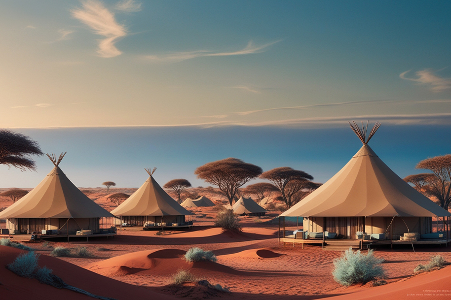 Luxury tented camp at Hoanib Skeleton Coast in Namibia, set against a dramatic desert landscape with sand dunes and scattered acacia trees. The elegant canvas tents provide a lavish retreat, blending seamlessly with the arid environment under a vast blue sky.