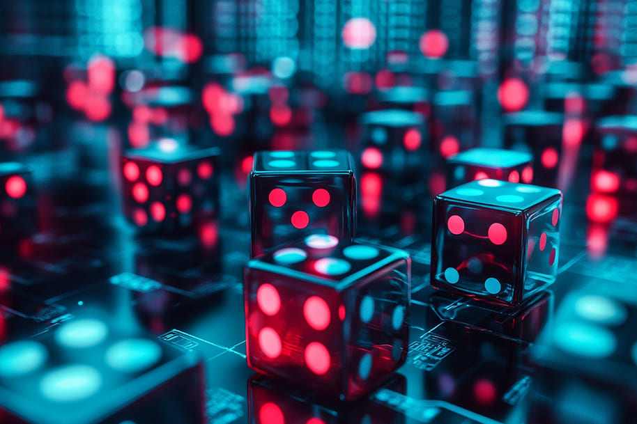 Transparent dice with neon blue and red lighting on a digital background, illustrating the fusion of blockchain technology with gaming and gambling innovations, as featured in the blockchain and gaming blog on eternalslots.com.