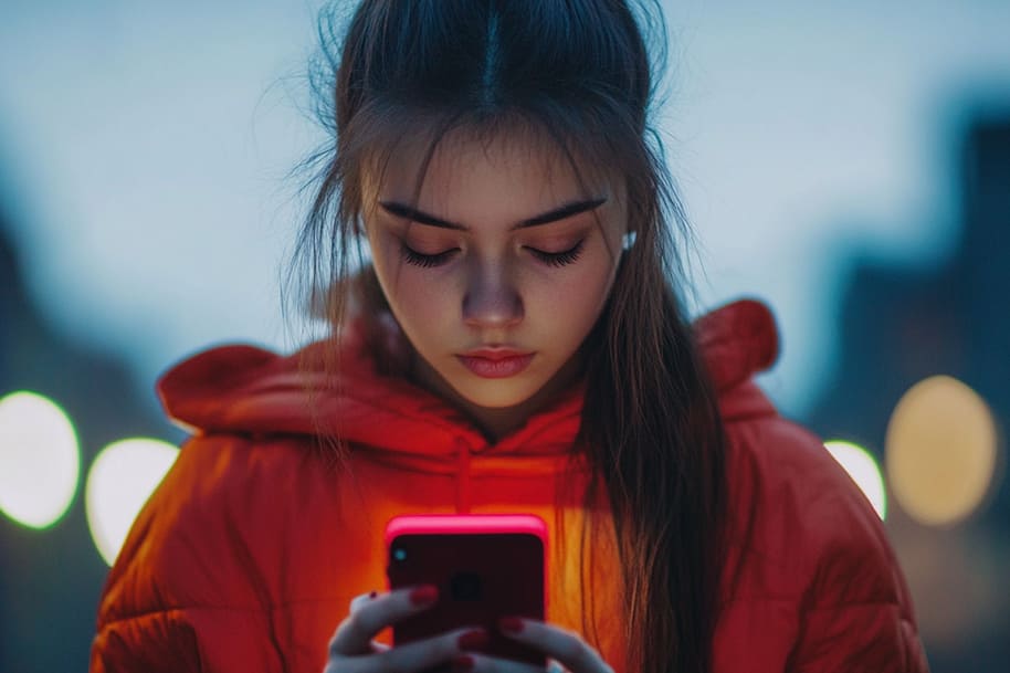 Teen girl in a red hoodie focused on her smartphone screen outdoors at dusk, representing the effects of social media usage on mental health. The image highlights the importance of mindful screen time, especially for young users.