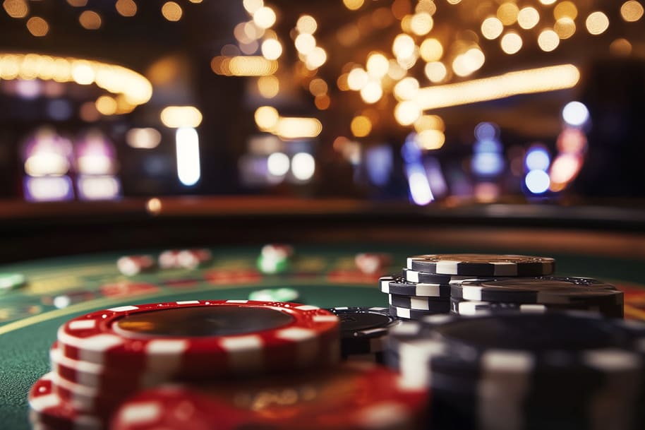 A dynamic casino scene showcasing a close-up of poker chips stacked on a green gaming table, with a blurred background of glowing lights and slot machines. This image captures the excitement of casino gaming, ideal for highlighting special Thanksgiving bonuses and promotions at Eternal Slots.