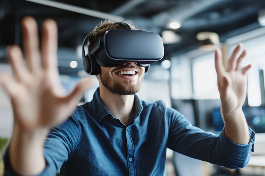 Smiling man using a VR headset with outstretched hands, engaging in an immersive virtual experience. The image illustrates the interactive potential of virtual reality technology and its role in reshaping the future of video gaming.