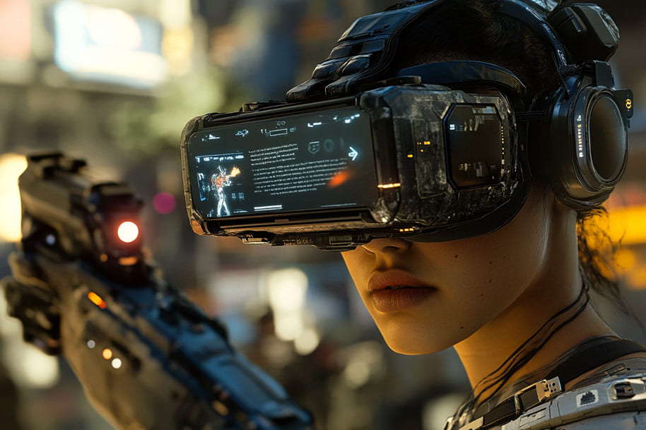 Futuristic woman wearing an advanced VR headset and holding a high-tech weapon, illustrating the immersive and realistic experiences possible in virtual reality gaming. The image highlights the cutting-edge technology shaping the future of video games and virtual combat simulations.